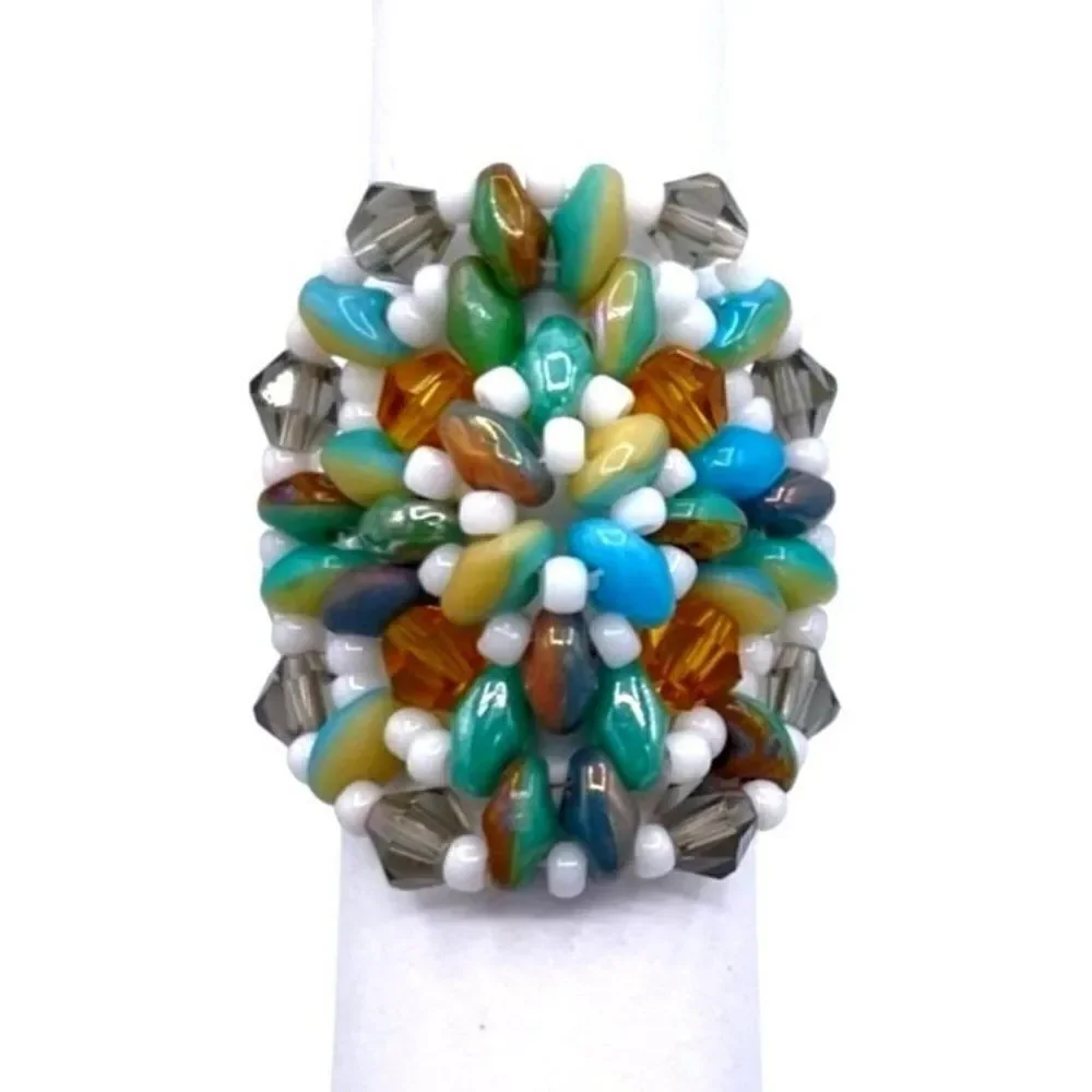 Multi Blue and Cream with White and Gray Crystal Beaded Statement Ring Size 7.5
